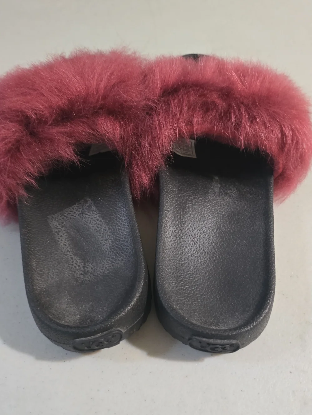 UGG Women's Black Slide Sandals with Burgundy Faux Fur Strap